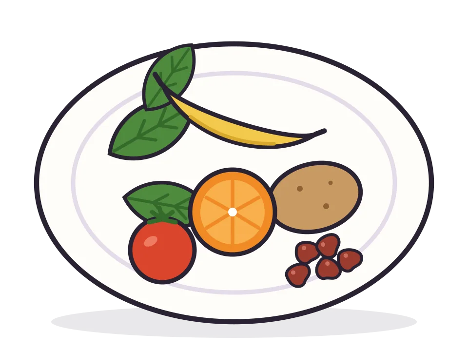 Illustrated plate with a banana, a potato, an orange, a tomato, beans and spinach leaves