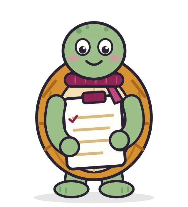 Tempo the tortoise holding a clipboard with a checklist